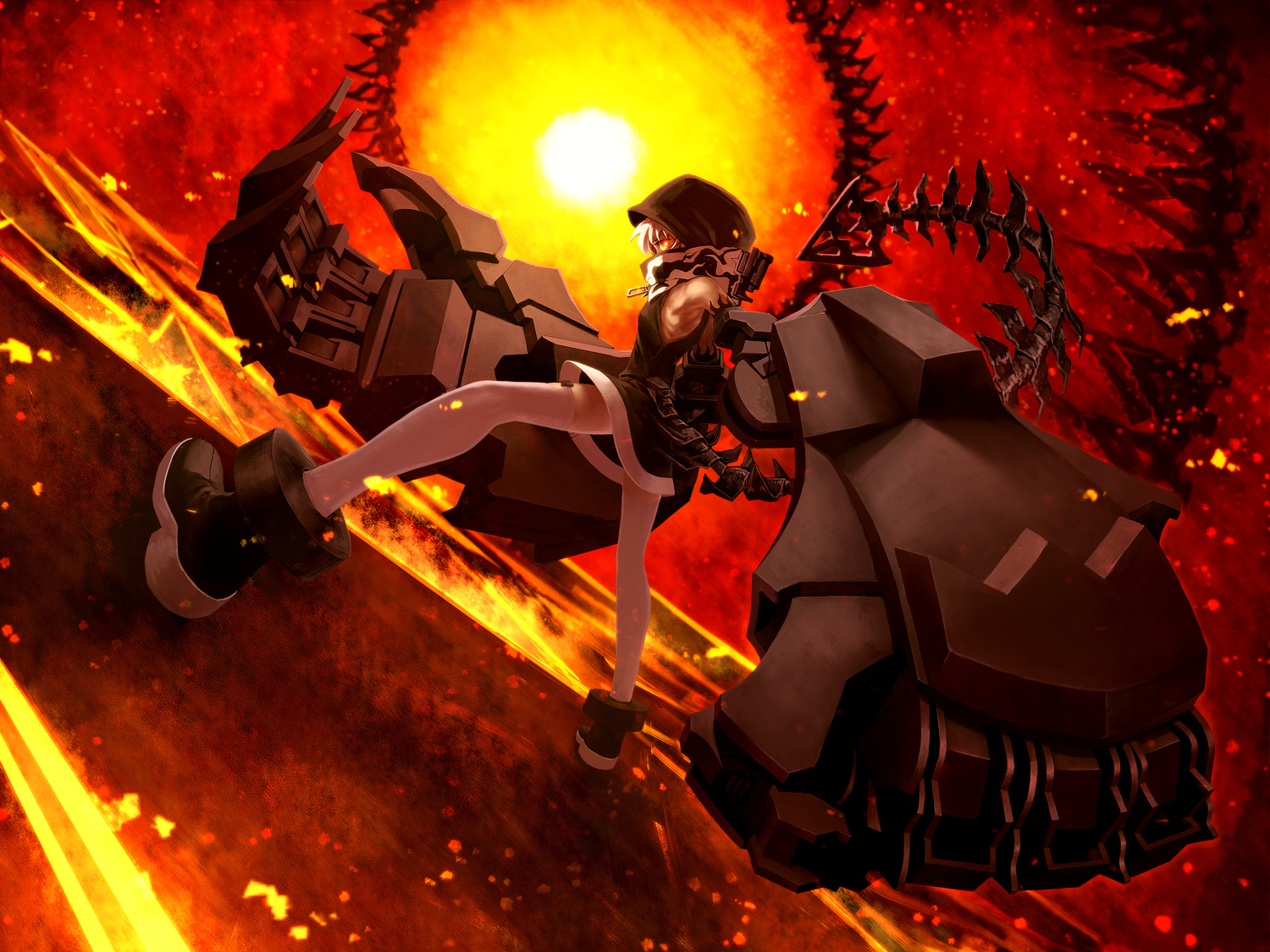 black_rock_shooter, fire, hood, koutari_yuu, lain_(artist), thighhighs