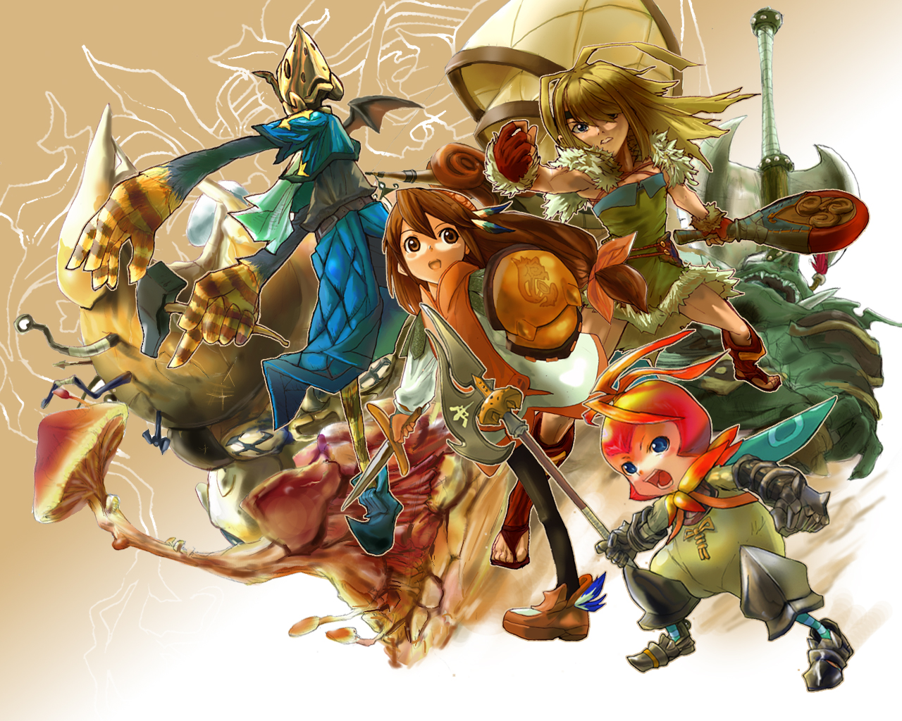 armor, feathers, final_fantasy, final_fantasy_crystal_chronicles, hat, matsumoto_eight, pantyhose, spear, sword, weapon, wings