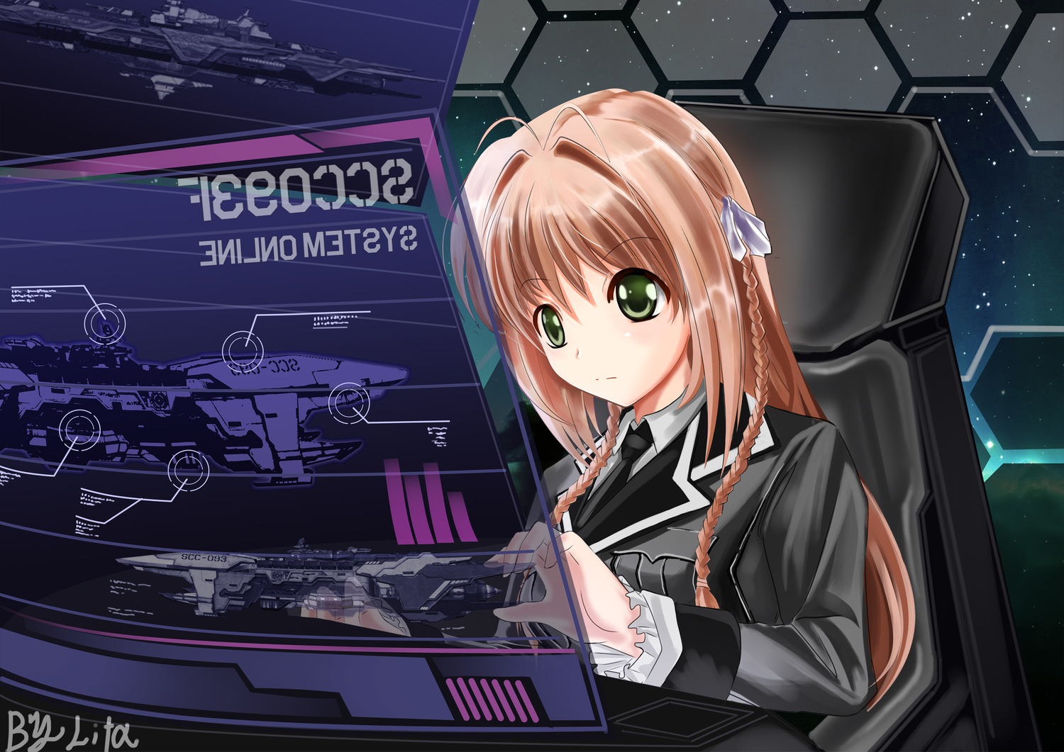 brown_hair, green_eyes, lita_(keyboard000), long_hair, military, space, tagme, uniform