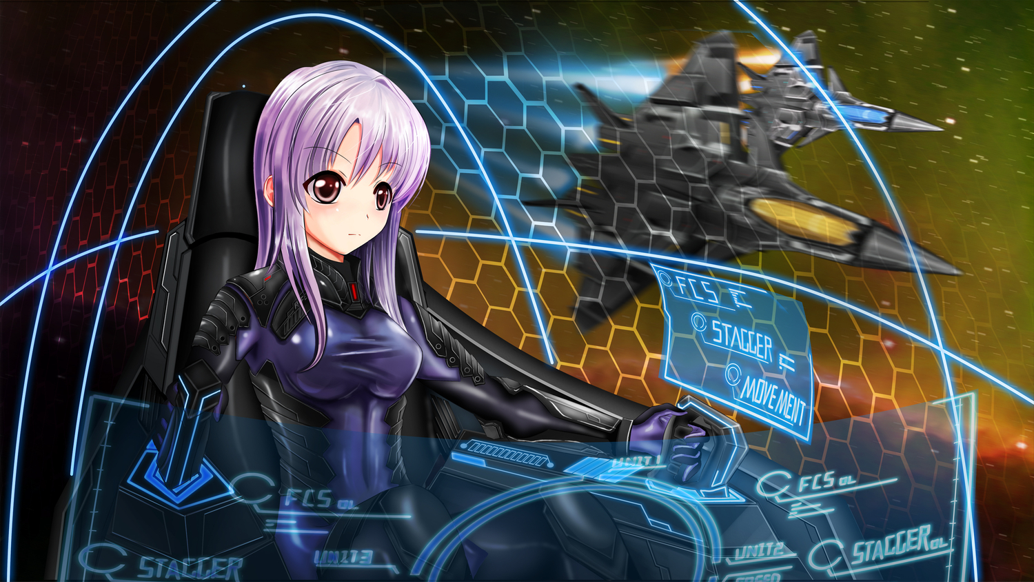aircraft, combat_vehicle, lita_(keyboard000), purple_hair, red_eyes, space, tagme