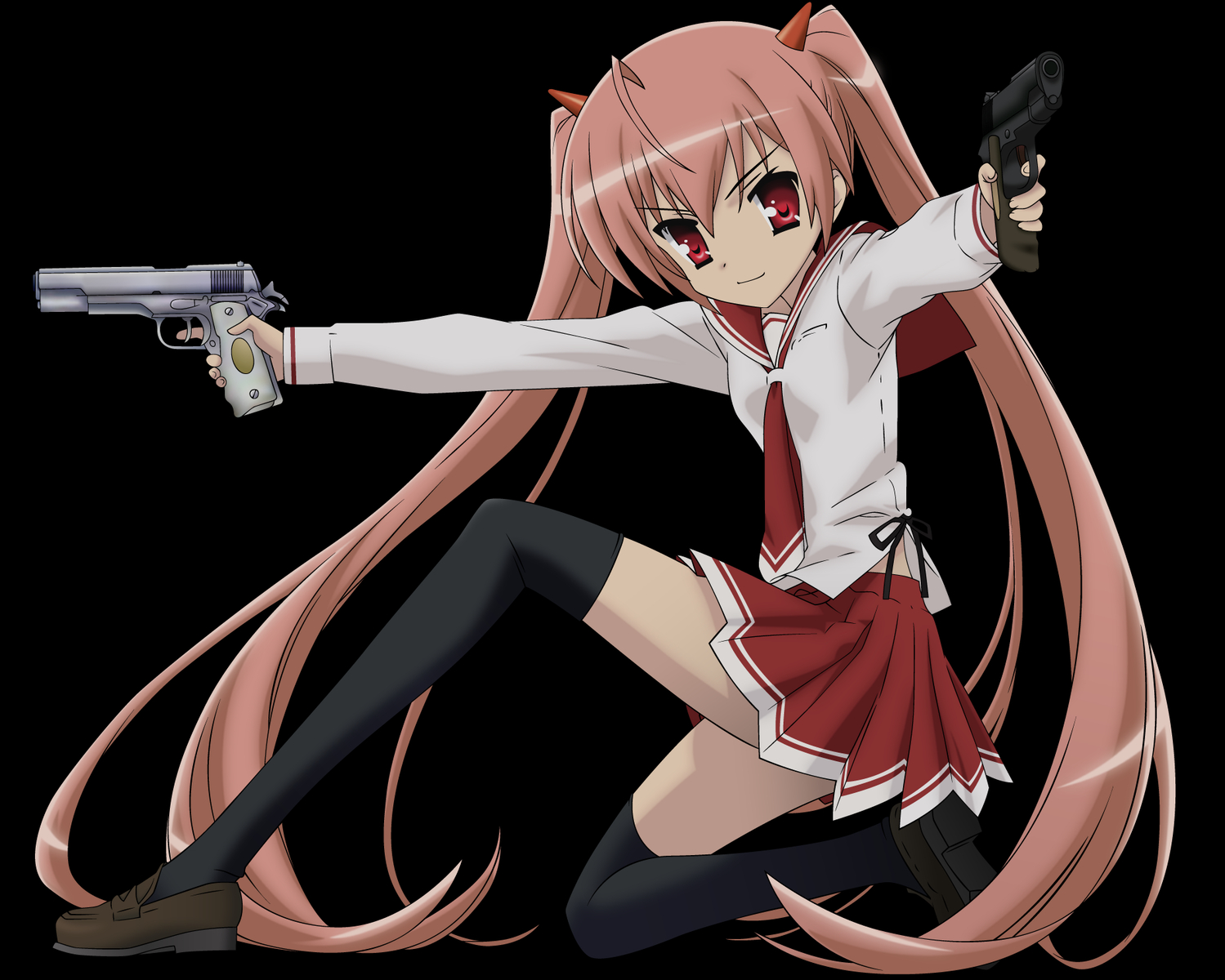 gun, hidan_no_aria, iwakura_kazunori, kanzaki_h_aria, long_hair, pink_hair, red_eyes, skirt, thighhighs, tie, transparent, twintails, vector, weapon
