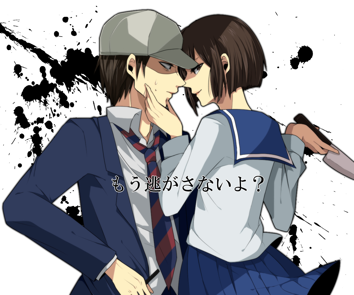 atsumi-sama, brown_hair, danshi_koukousei_no_nichijou, habara_(danshi_koukousei), hat, karasawa_toshiyuki, knife, school_uniform, short_hair, tie