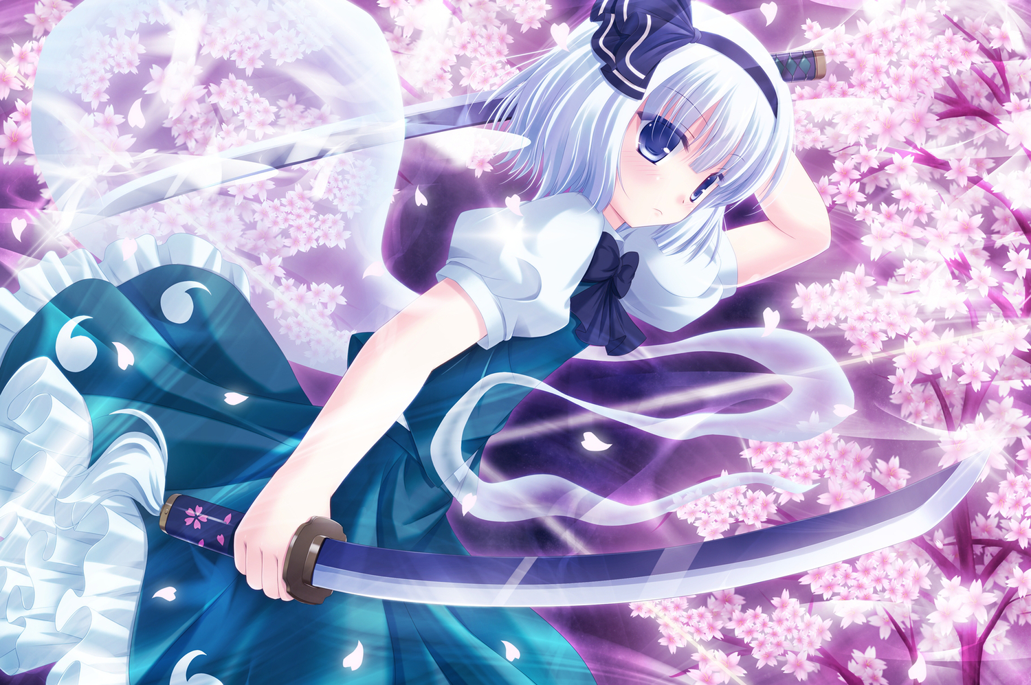 gray_hair, konpaku_youmu, myon, petals, shimotsuki_keisuke, short_hair, sword, touhou