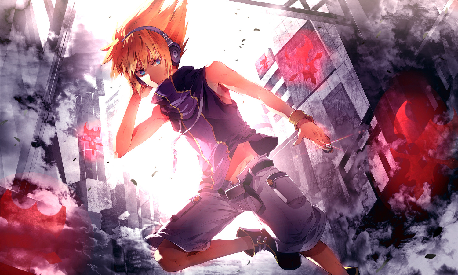 aliasing, all_male, blonde_hair, blue_eyes, headphones, male, ruins, sakuraba_neku, subarashiki_kono_sekai, sunakumo