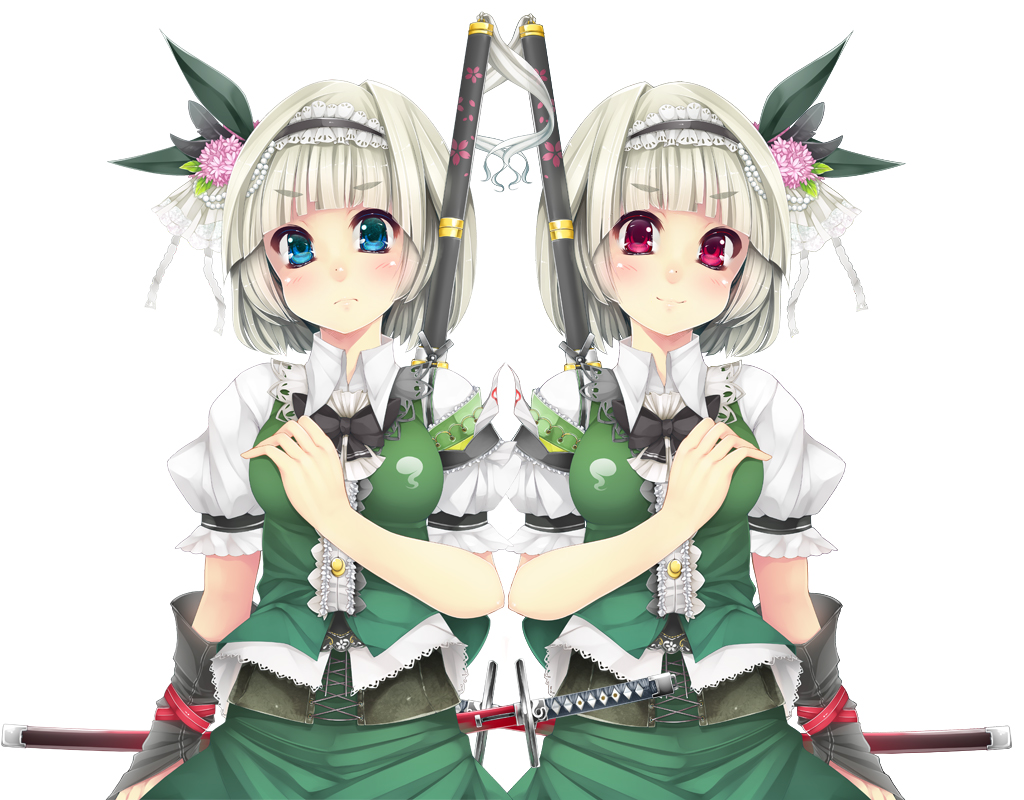 blue_eyes, dress, flowers, konpaku_youmu, pink_eyes, serizawa_mutsuki, sword, touhou
