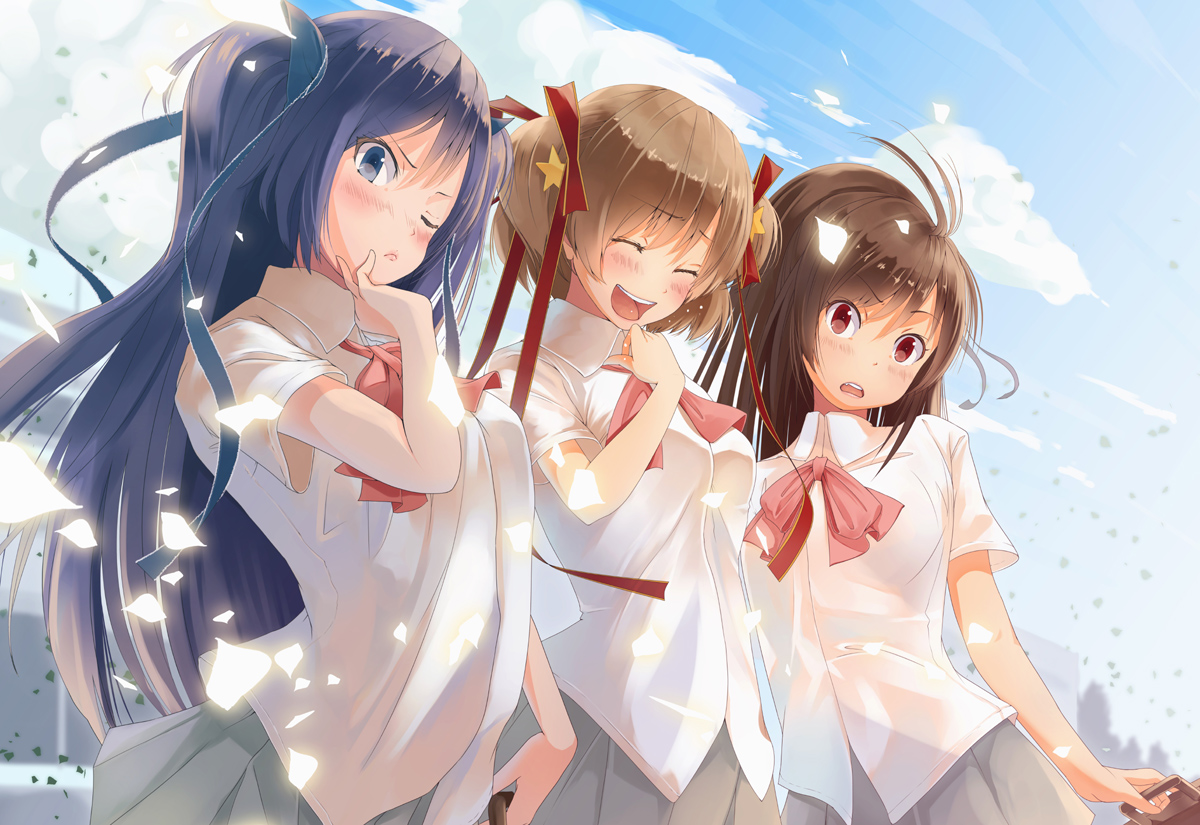 black_eyes, black_hair, bow, brown_hair, clouds, kamikita_komari, kurugaya_yuiko, little_busters!