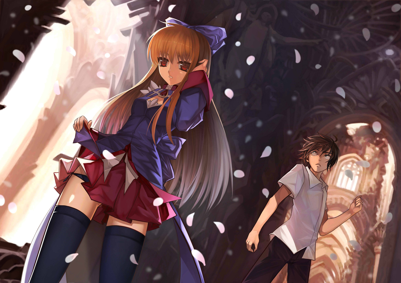 blonde_hair, bow, brown_hair, long_hair, original, paku, petals, red_eyes