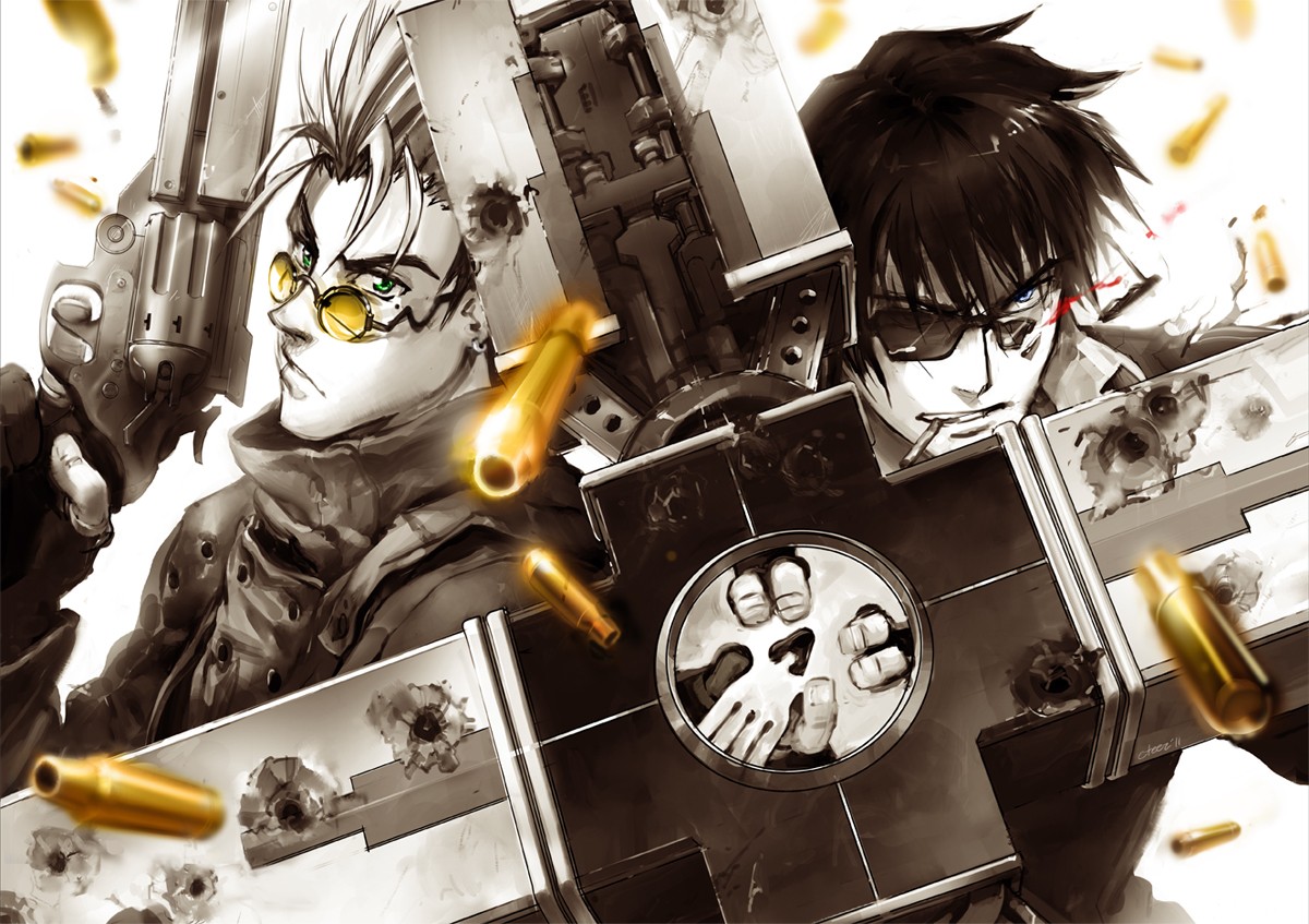 all_male, black_hair, blood, blue_eyes, cigarette, glasses, gloves, green_eyes, gun, lychi, male, nicholas_d_wolfwood, polychromatic, short_hair, smoking, sunglasses, trigun, vash_the_stampede, weapon