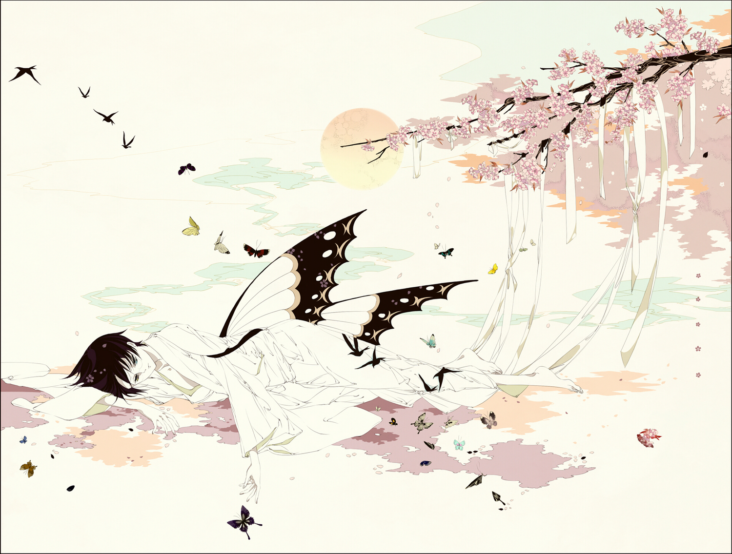 all_male, animal, barefoot, bicolored_eyes, butterfly, cherry_blossoms, flowers, glasses, japanese_clothes, kimono, male, petals, ribbons, shishunki_(artist), watanuki_kimihiro, xxxholic