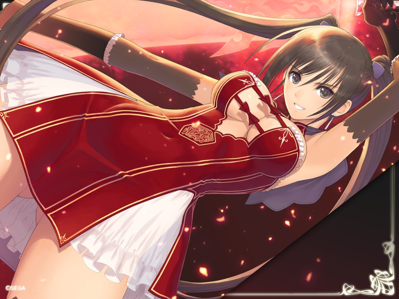breasts, brown_eyes, brown_hair, elbow_gloves, gloves, maxima_enfield, tagme, taka_tony, twintails, weapon