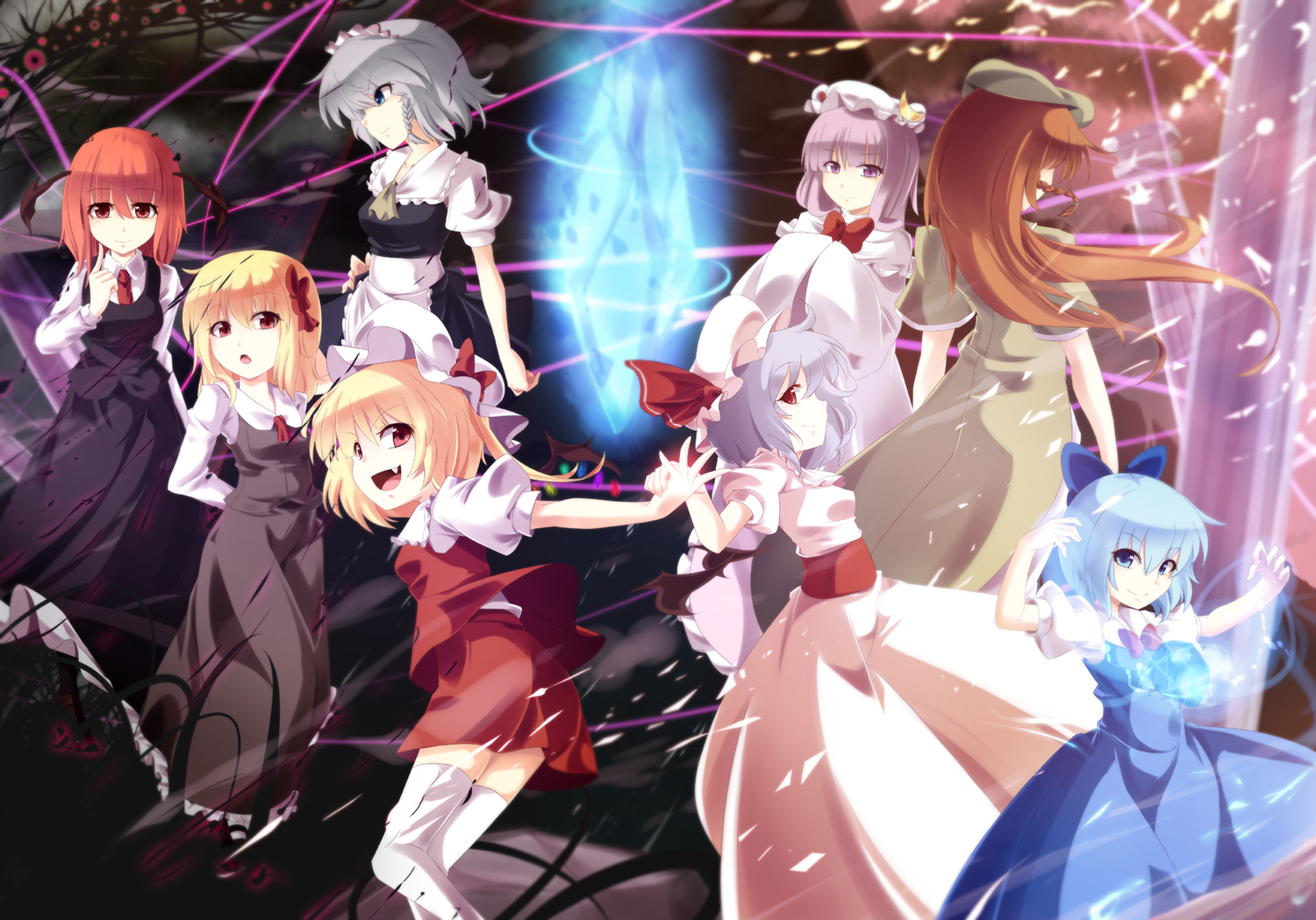 blue_hair, bow, cirno, demon, dress, fairy, fang, flandre_scarlet