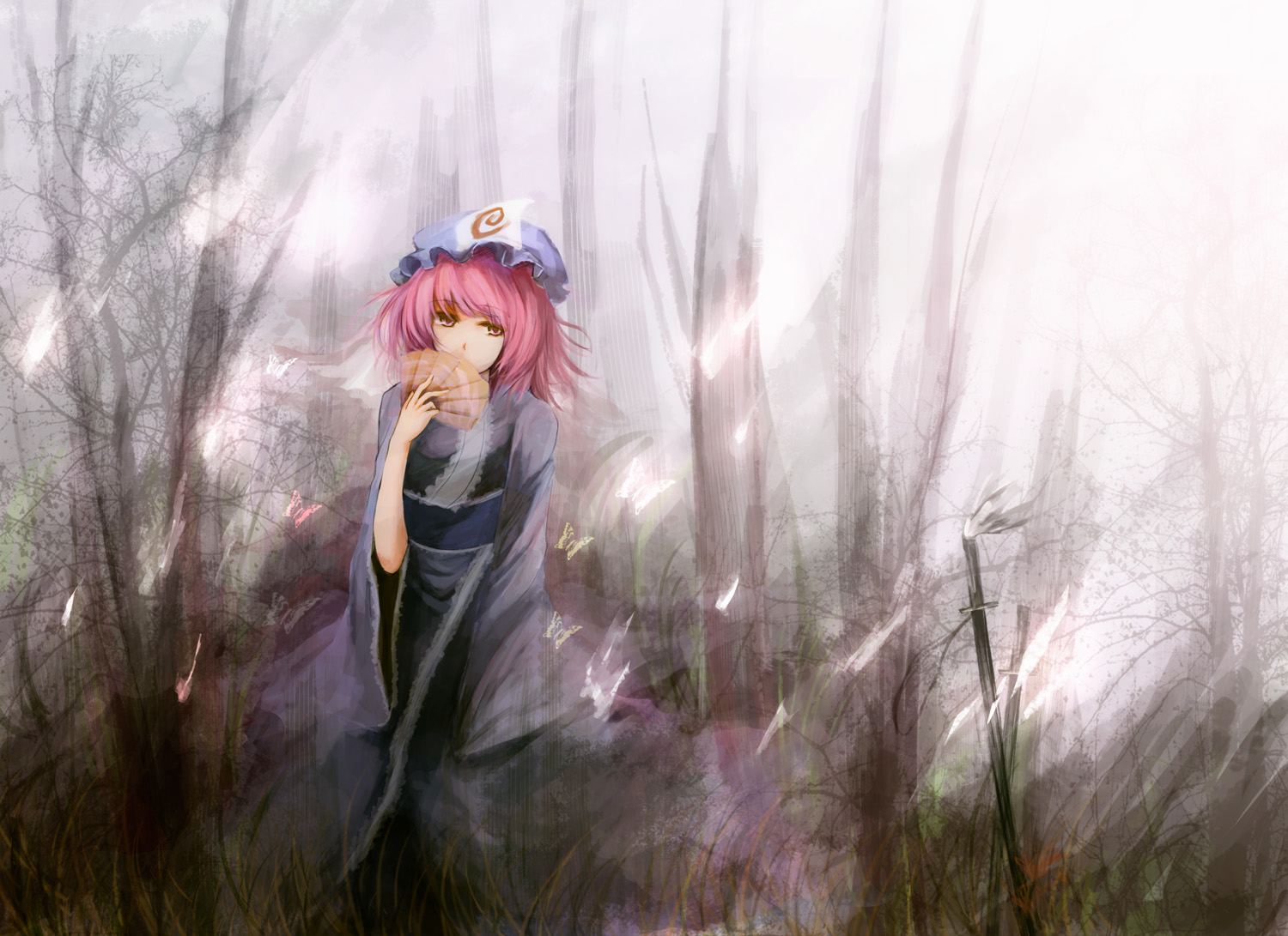butterfly, hat, metalwasabi, pink_hair, saigyouji_yuyuko, touhou, weapon