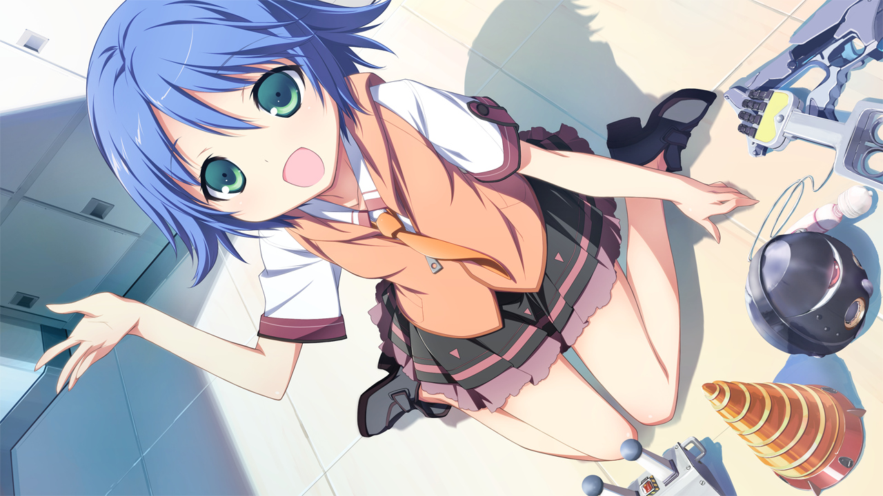 blue_hair, game_cg, green_eyes, kikuchi_seiji, material_brave, school_uniform, short_hair, tsubomi_shirafuji