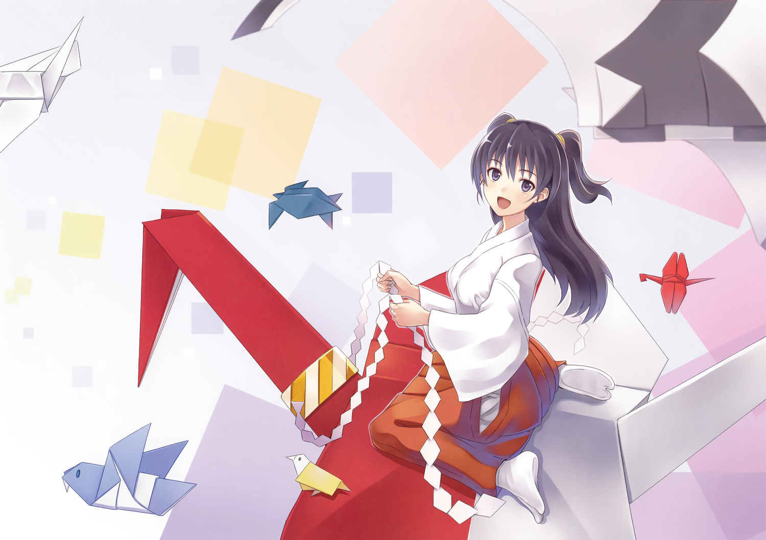 black_eyes, black_hair, japanese_clothes, kisugi_akira, long_hair, miko, original, paper, scan