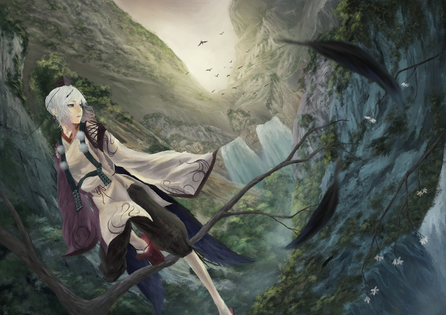 akaikitsune, animal, bird, flowers, gray_eyes, hat, japanese_clothes, leaves, original, scenic, short_hair, tree, water, waterfall, white_hair