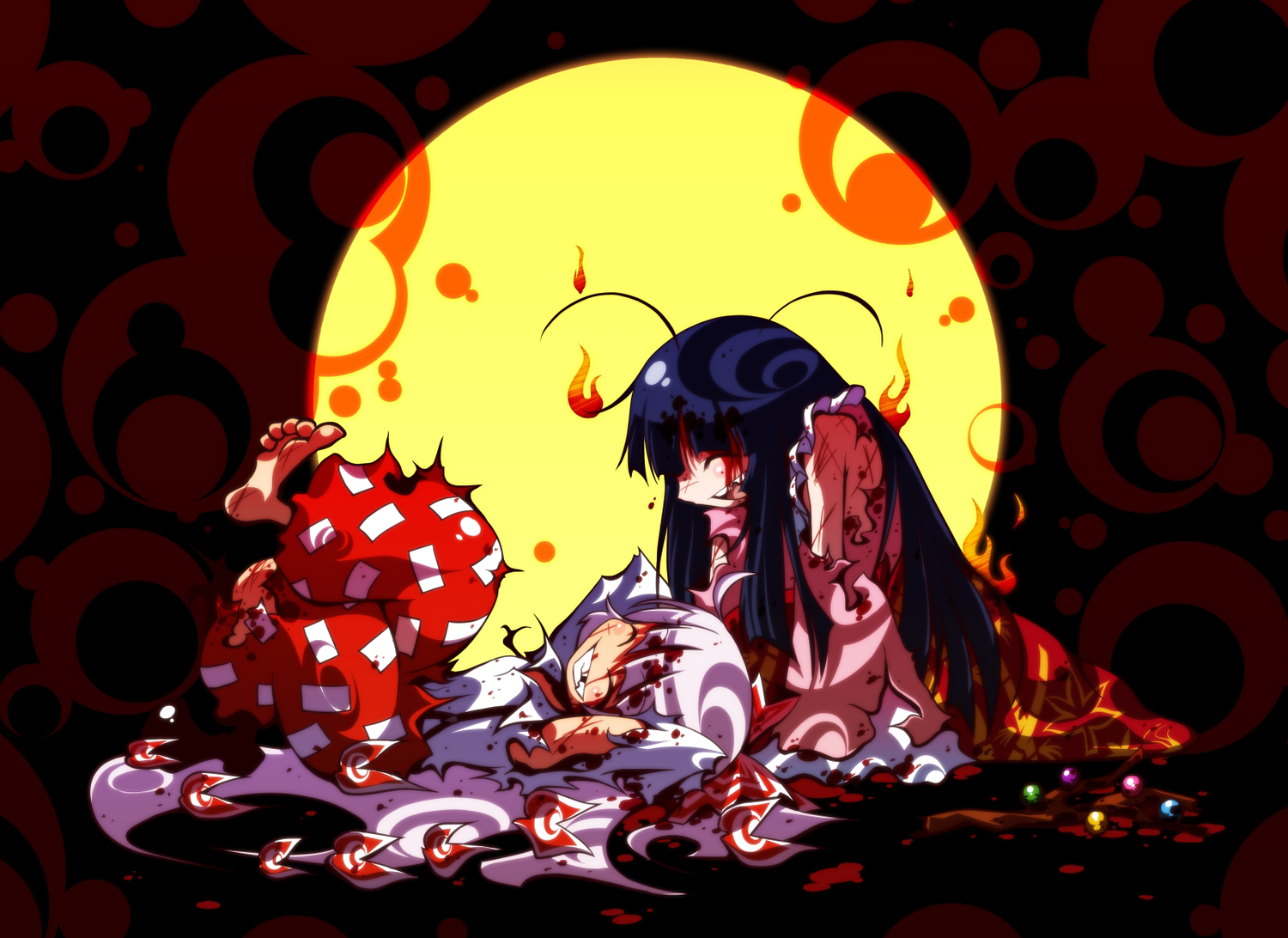 2girls, blood, fire, fujiwara_no_mokou, houraisan_kaguya, ichikai, torn_clothes, touhou