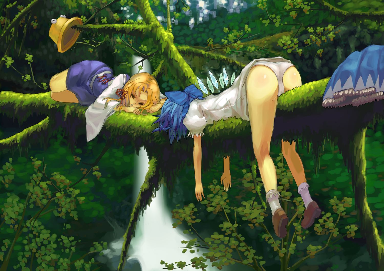 2girls, 77gl, ass, blonde_hair, blue_hair, bow, cirno, fairy