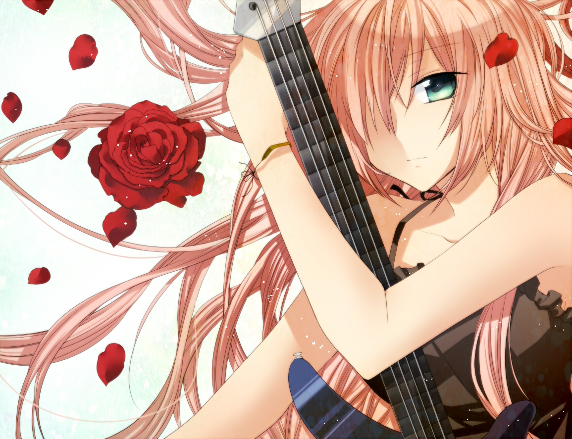 akitsuki_(akiduko), dress, flowers, guitar, instrument, megurine_luka, petals, vocaloid