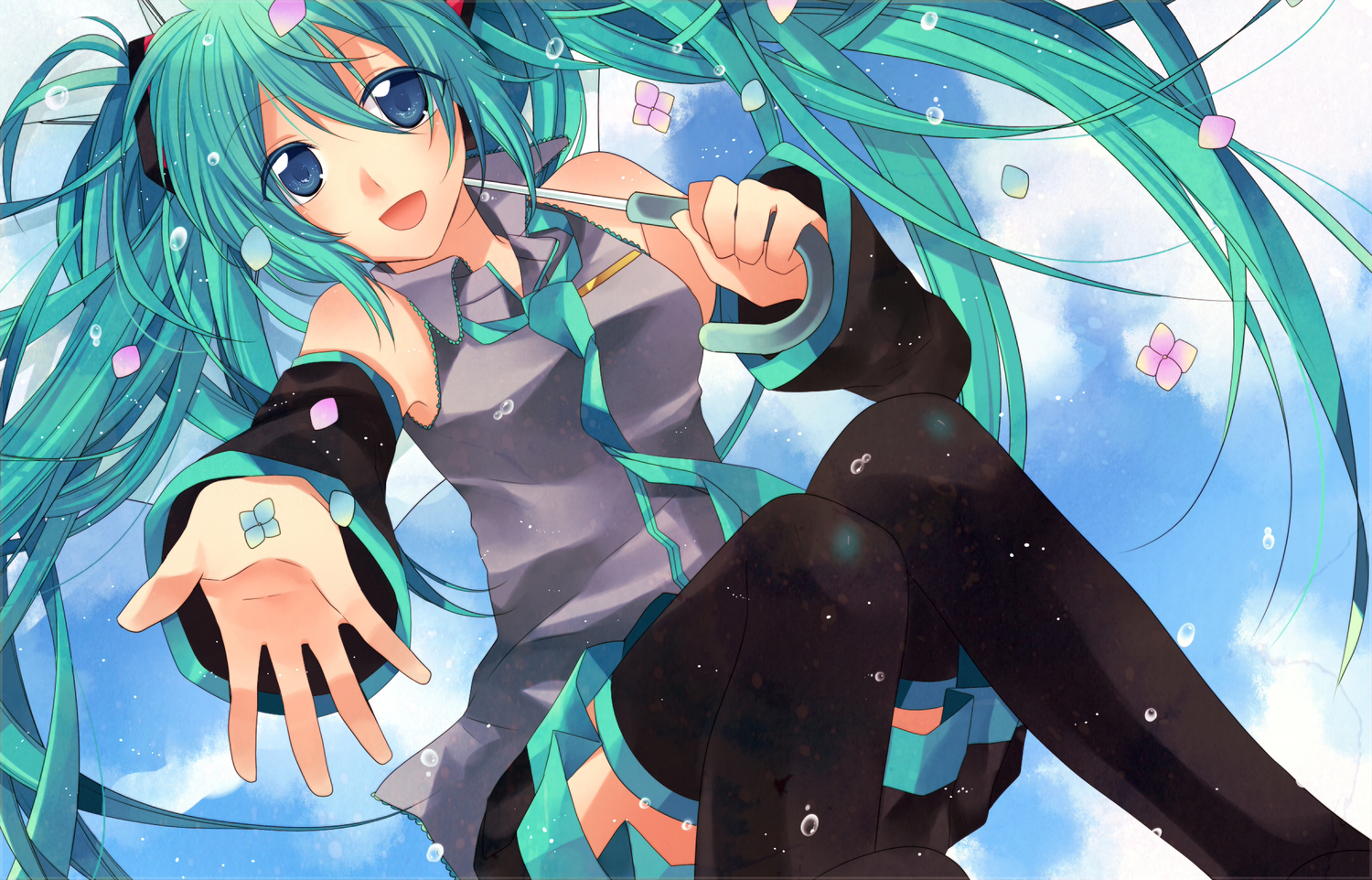 akitsuki_(akiduko), clouds, flowers, hatsune_miku, petals, rain, sky, umbrella
