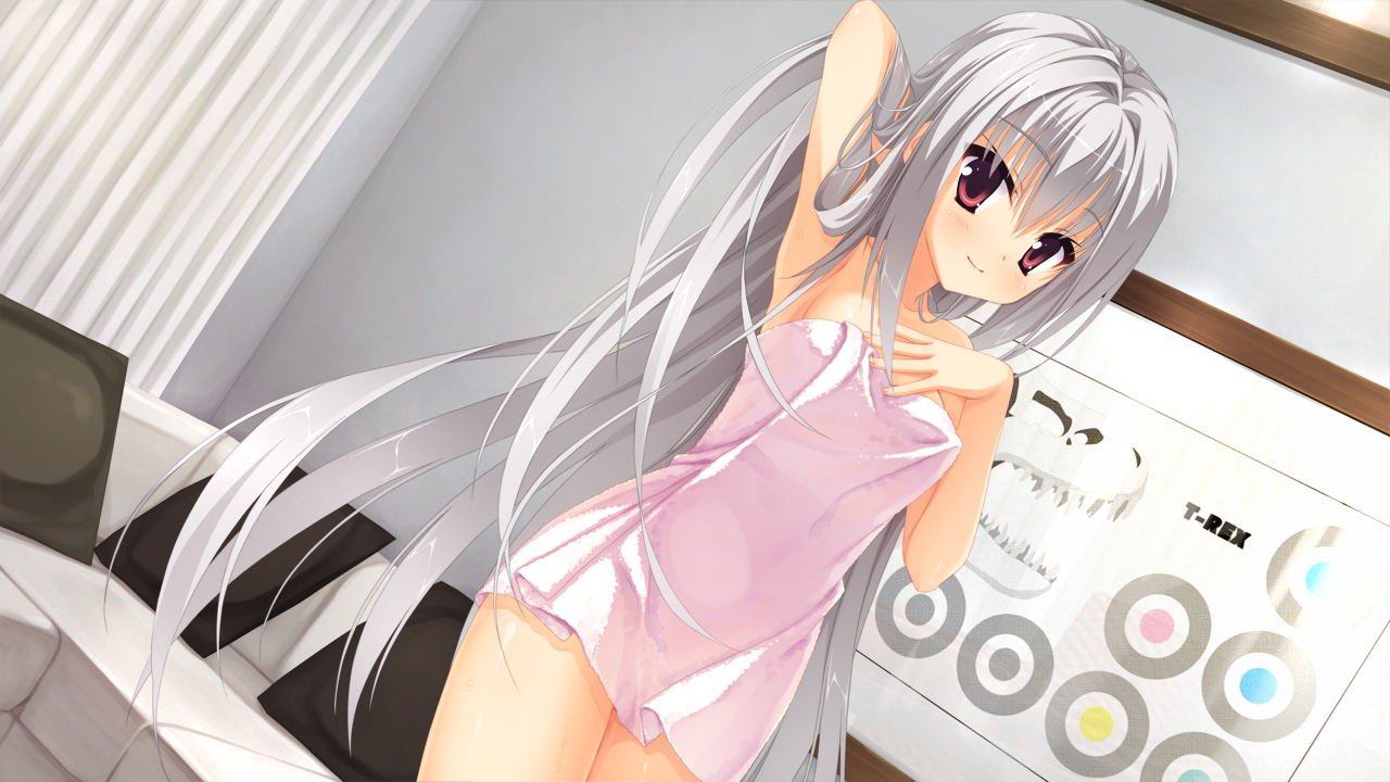 blush, dracu-riot!, elina_olegovna_owen, erect_nipples, game_cg, gray_hair, kobuichi, long_hair, nude, towel, yuzusoft
