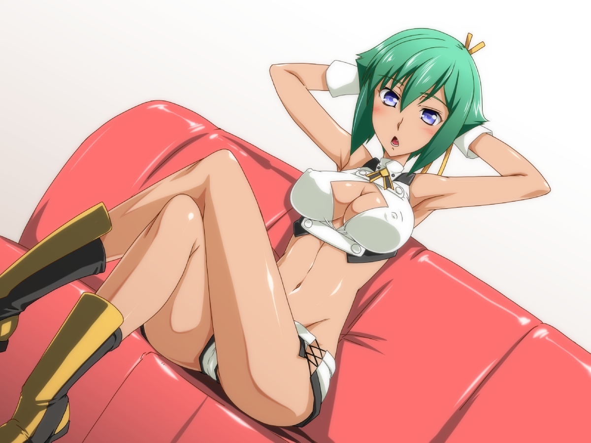 aquarion_evol, blue_eyes, boots, breasts, cleavage, ebido, green_hair, zessica_wong