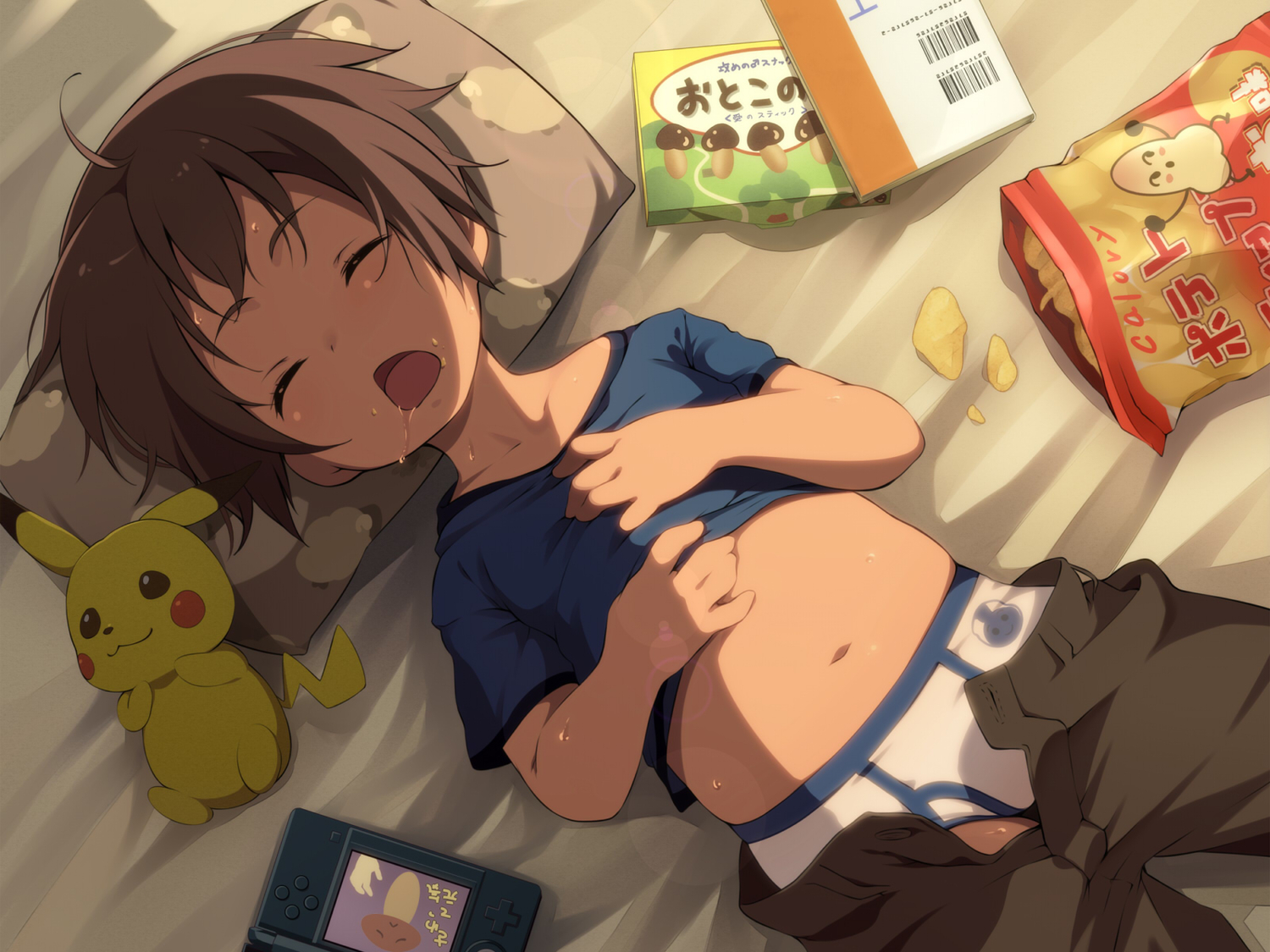 all_male, brown_hair, food, hinamizawa_(hina-sawa), male, pikachu, pokemon, sleeping, underwear