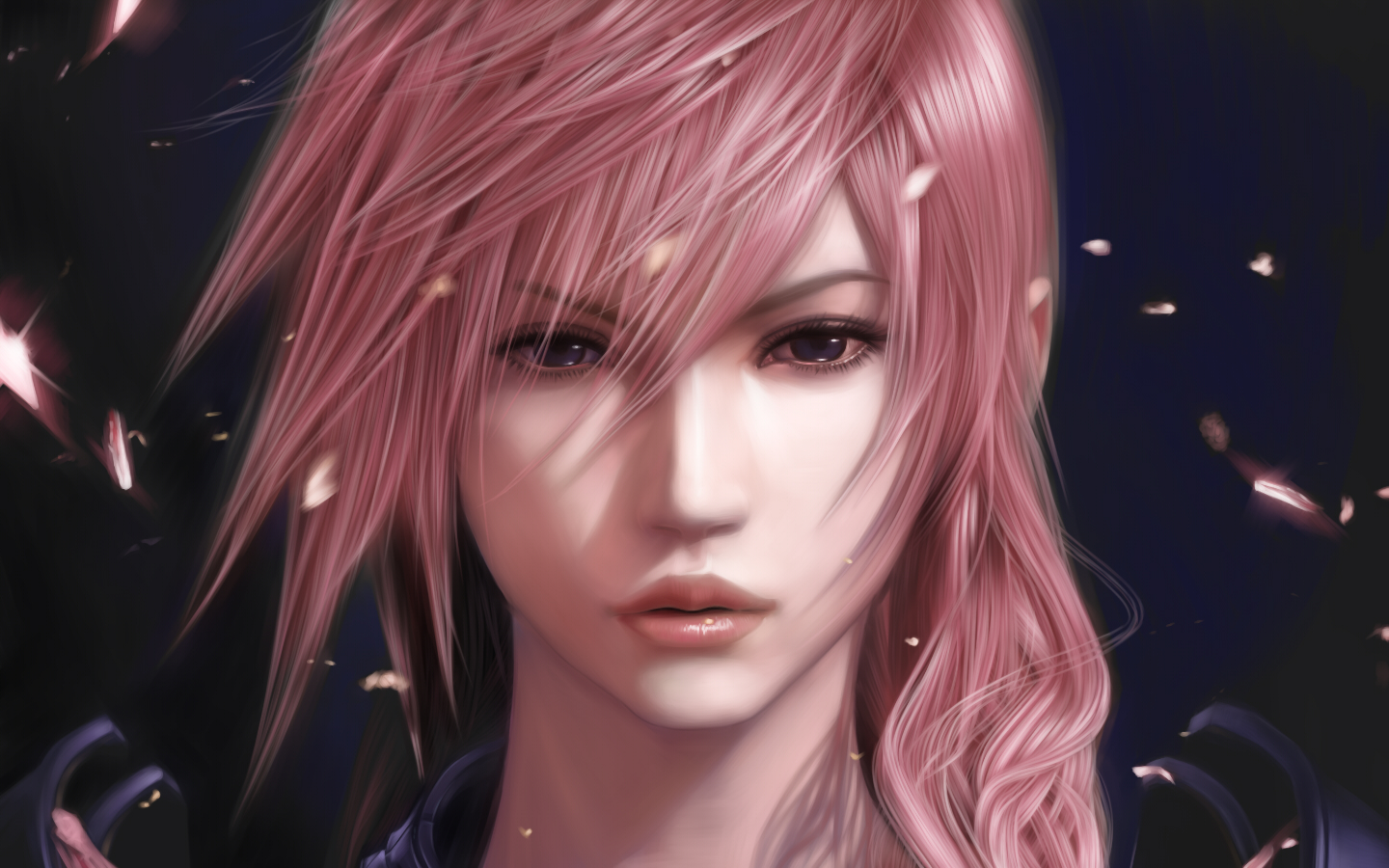 close, final_fantasy, final_fantasy_xiii, lightning_farron, long_hair, petals, pink_hair, realistic