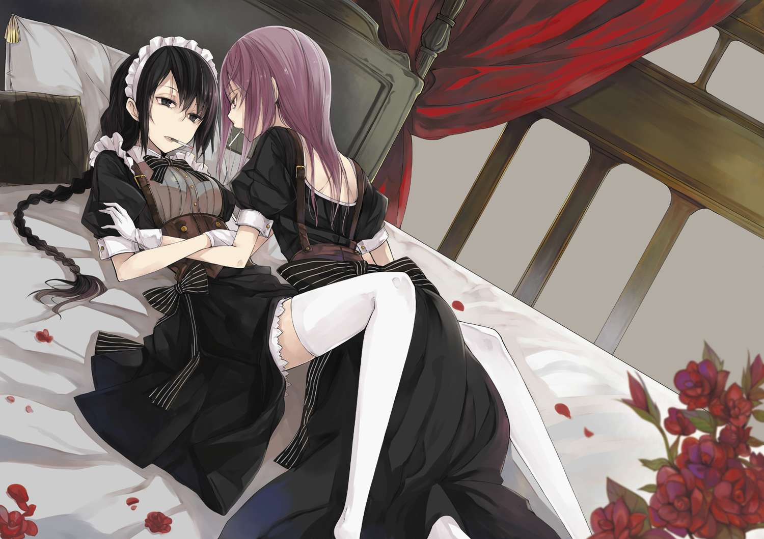 bed, braids, cigarette, dress, flowers, maid, original, petals, rage_(rojiura), thighhighs