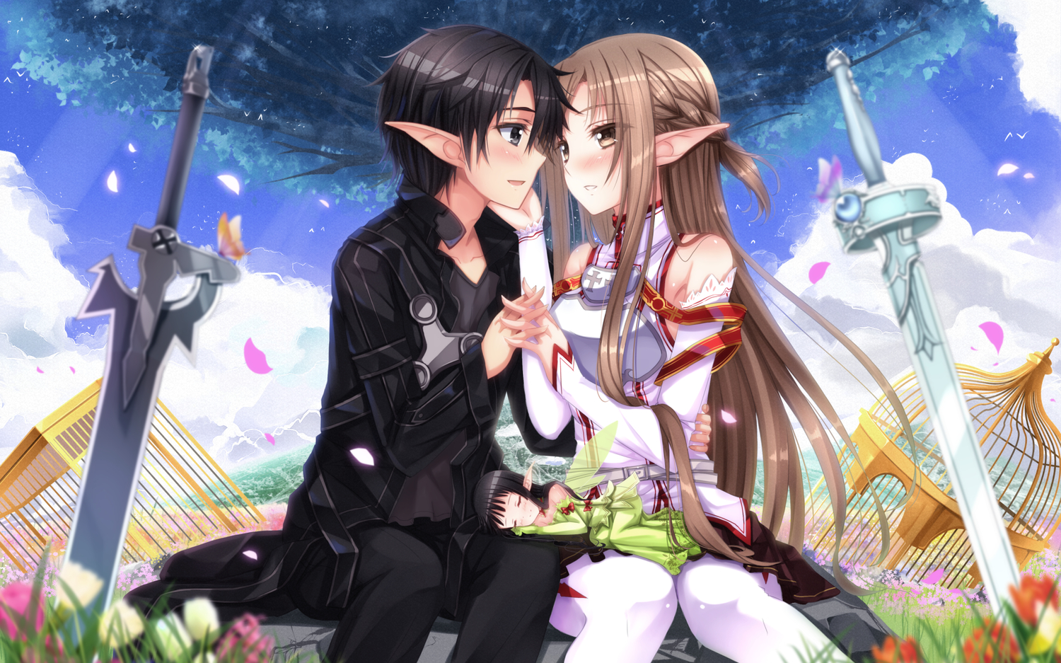 flowers, kirigaya_kazuto, petals, pointed_ears, sword, sword_art_online, swordsouls, weapon