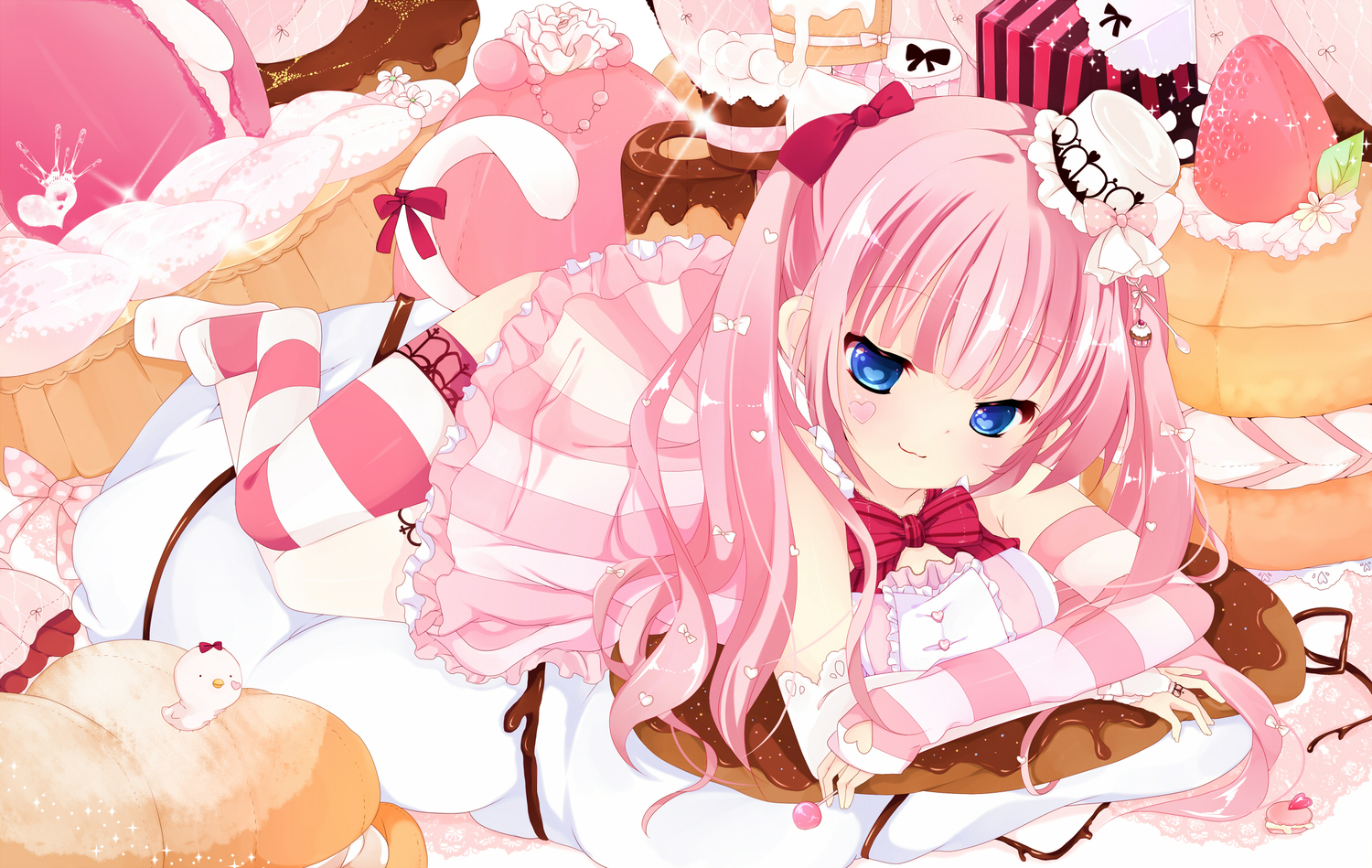 blue_eyes, bow, cake, dress, elbow_gloves, food, gloves, hat, long_hair, pink_hair, sakuragi_yuzuki, tagme, tail