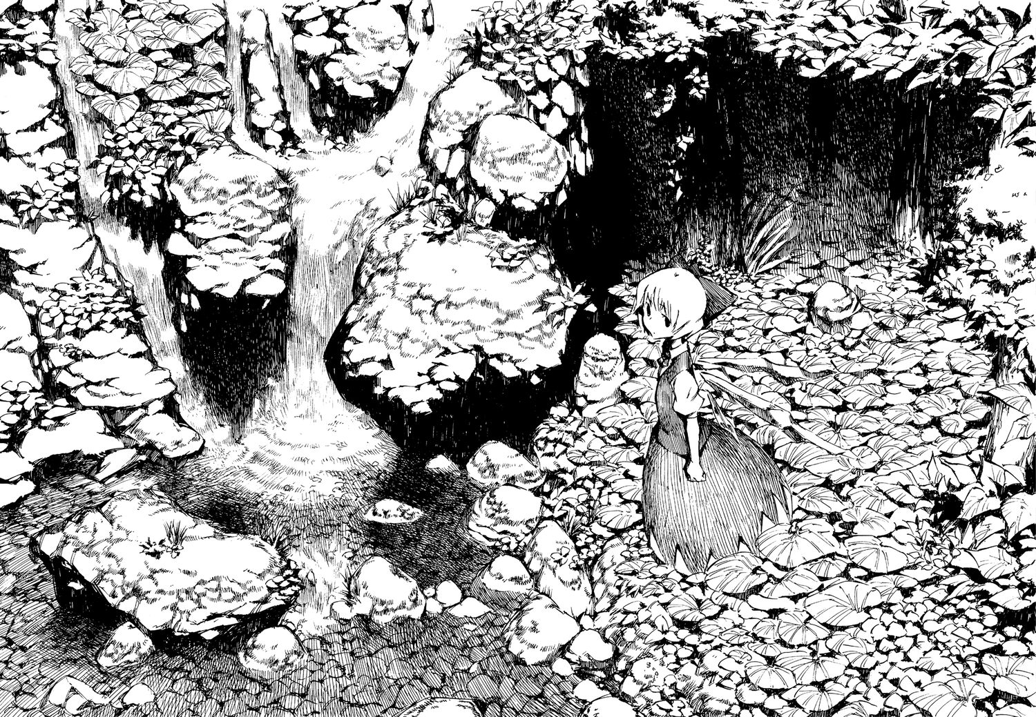 chomoran, cirno, fairy, forest, leaves, monochrome, sketch, touhou, tree, water, waterfall, wings