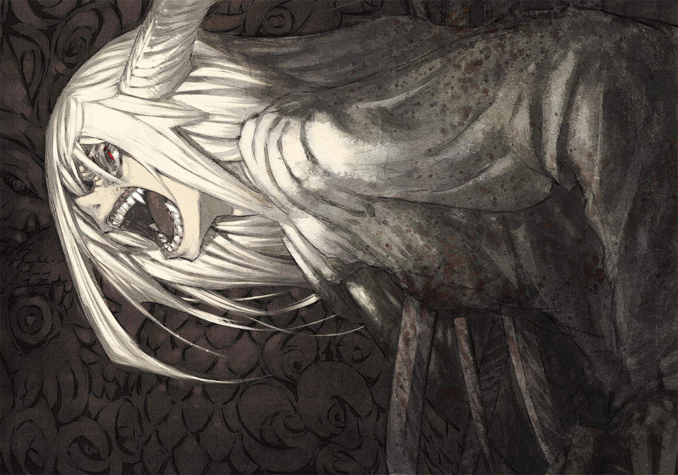 blood, chomoran, horns, ibuki_suika, katana, red_eyes, sword, touhou, weapon