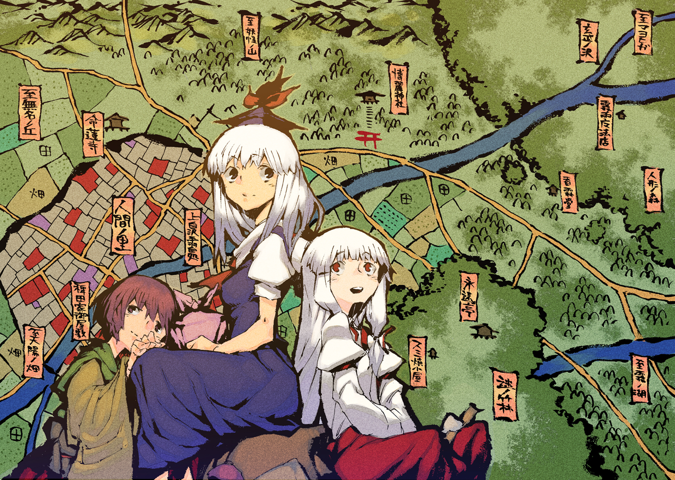blush, chomoran, fujiwara_no_mokou, hat, hieda_no_akyuu, kamishirasawa_keine, short_hair, touhou