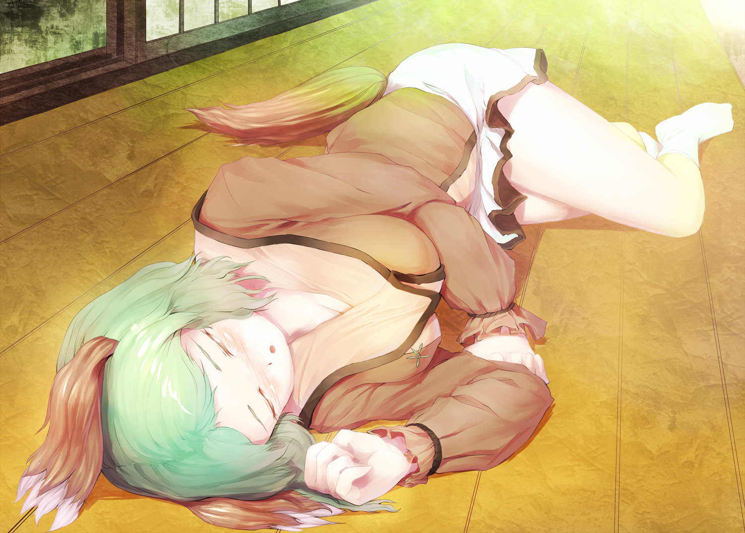 animal_ears, breasts, danbo_(rock_clime), green_hair, kasodani_kyouko, skirt, sleeping, socks, tail, touhou