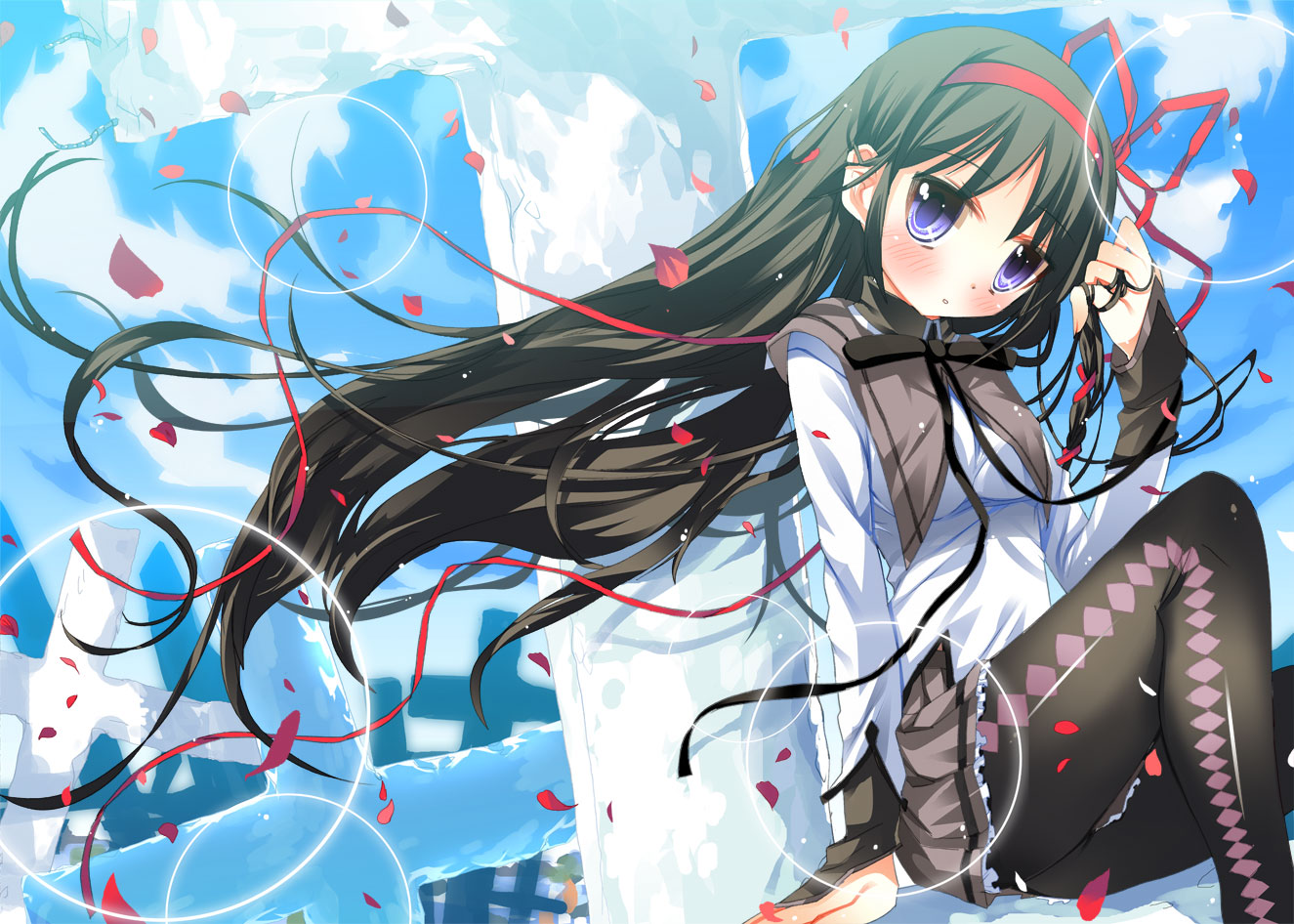 akemi_homura, long_hair, mahou_shoujo_madoka_magica, pantyhose, petals, purple_eyes, skirt, sodapop_(iemaki)