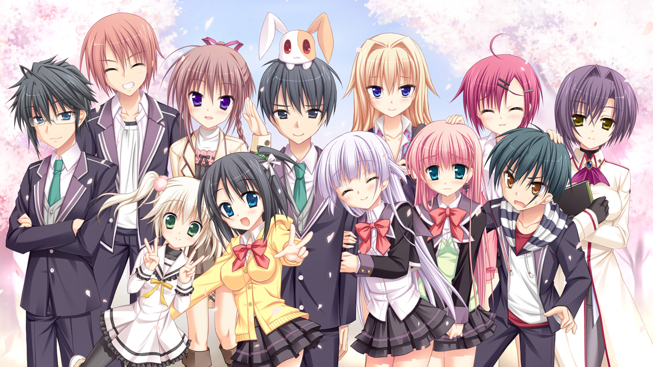 animal, azuma_yoru, book, bow, cherry_blossoms, flowers, game_cg, gloves, group, hatsuyuki_sakura, hontani_kanae, kanezaki_megumi, kawano_hatsuyuki, kozakai_aya, kubo_tamotsu, kurusu_miki, muroya_tooru, petals, ponytail, rabbit, saga_planets, school_uniform, shinonome_nozumu, shinonome_sai, shirokuma, skirt, takeda_naoko, tamaki_sakura, tie, toranosuke, twintails