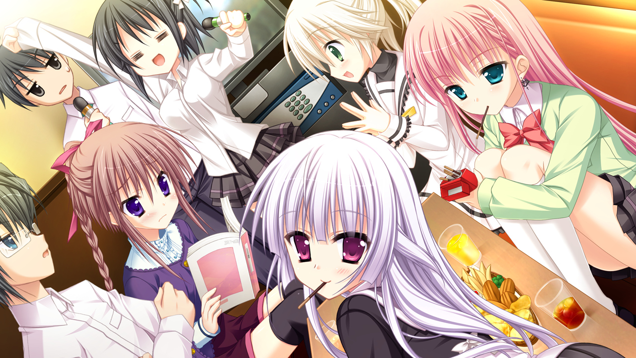 azuma_yoru, book, bow, drink, food, game_cg, glasses, group, hatsuyuki_sakura, hontani_kanae, kawano_hatsuyuki, kneehighs, kozakai_aya, male, microphone, pocky, ponytail, saga_planets, school_uniform, shinonome_nozumu, shinonome_sai, shirokuma, tamaki_sakura, thighhighs, toranosuke