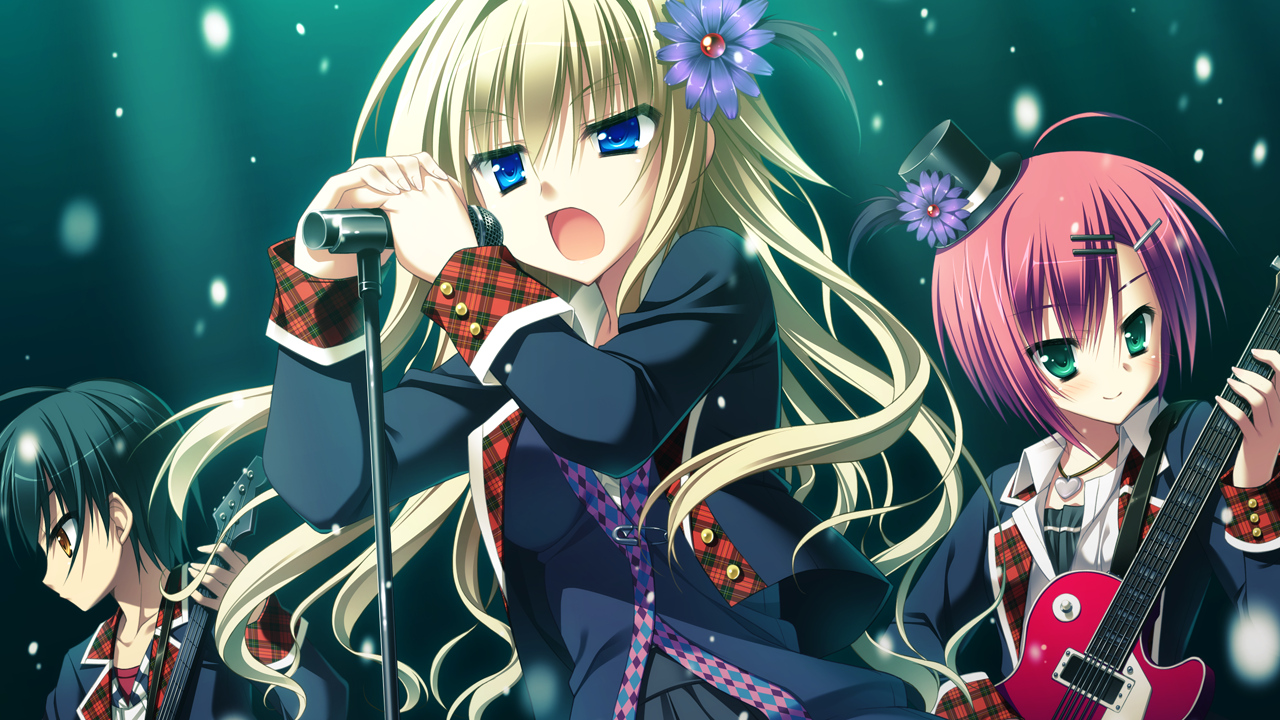 flowers, game_cg, guitar, hat, hatsuyuki_sakura, instrument, kanezaki_megumi, kubo_tamotsu, microphone, music, necklace, night, saga_planets, snow, takeda_naoko