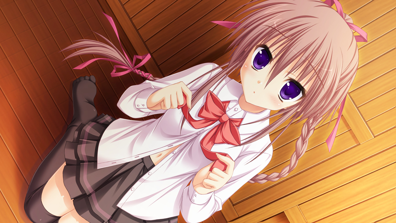 blush, bow, braids, brown_hair, game_cg, hatsuyuki_sakura, kozakai_aya, long_hair