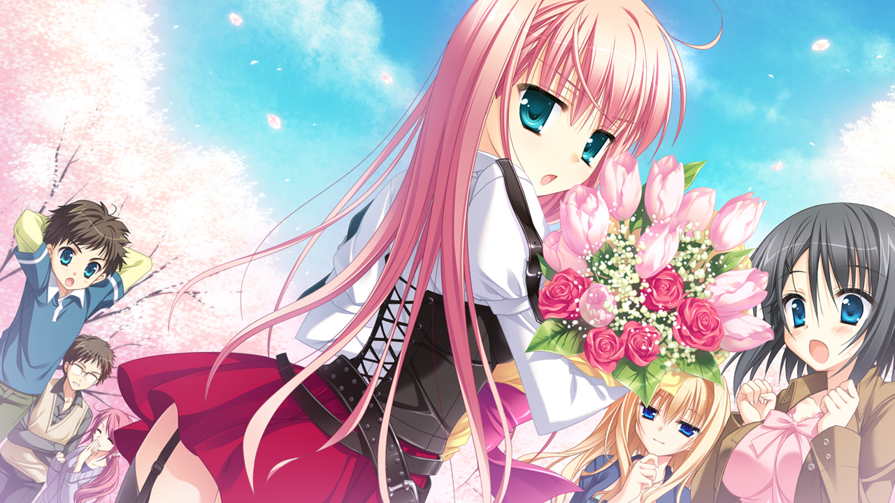 aqua_eyes, azuma_yoru, black_hair, blonde_hair, blue_eyes, cherry_blossoms, clouds, flowers