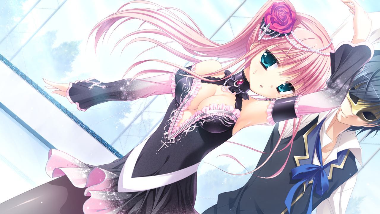 azuma_yoru, blue_eyes, breasts, choker, cleavage, cross, dress, flowers