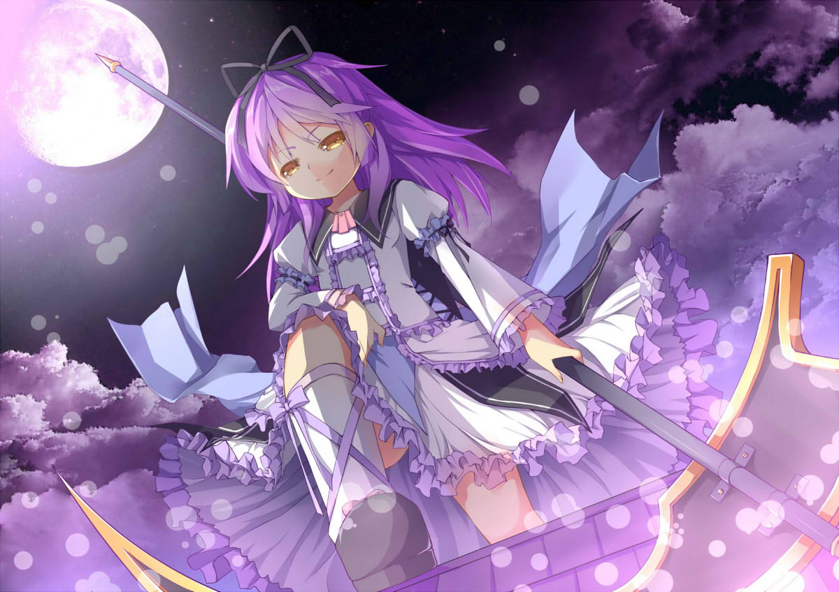 bow, dress, eiyuu_densetsu, jpeg_artifacts, long_hair, moon, purple_hair, renne