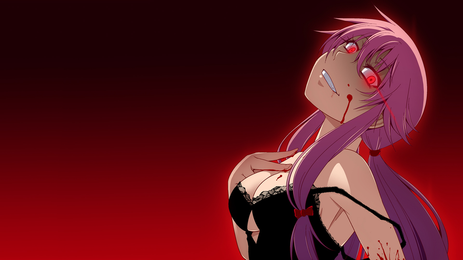 blood, breasts, gasai_yuno, hayashi_kasutamu, long_hair, mirai_nikki, pink_hair, red_eyes, underwear