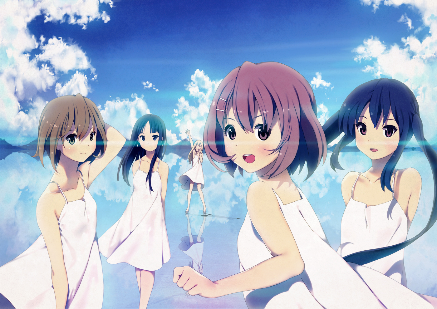 akiyama_mio, clouds, dress, group, hirasawa_yui, k-on!, kotobuki_tsumugi, nakano_azusa