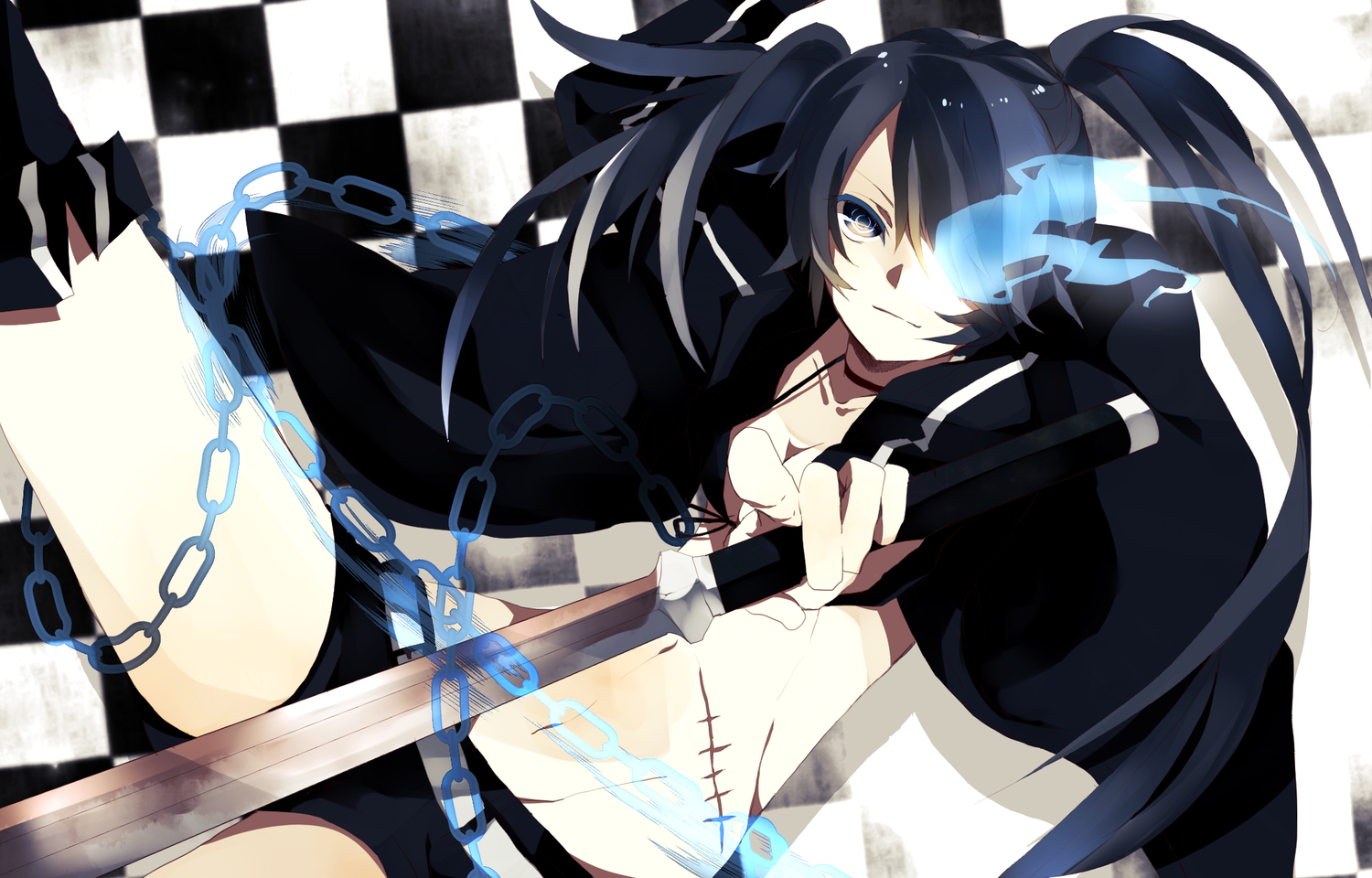 black_rock_shooter, chain, chisumi, kuroi_mato, scar, shorts, sword, tagme, twintails, weapon