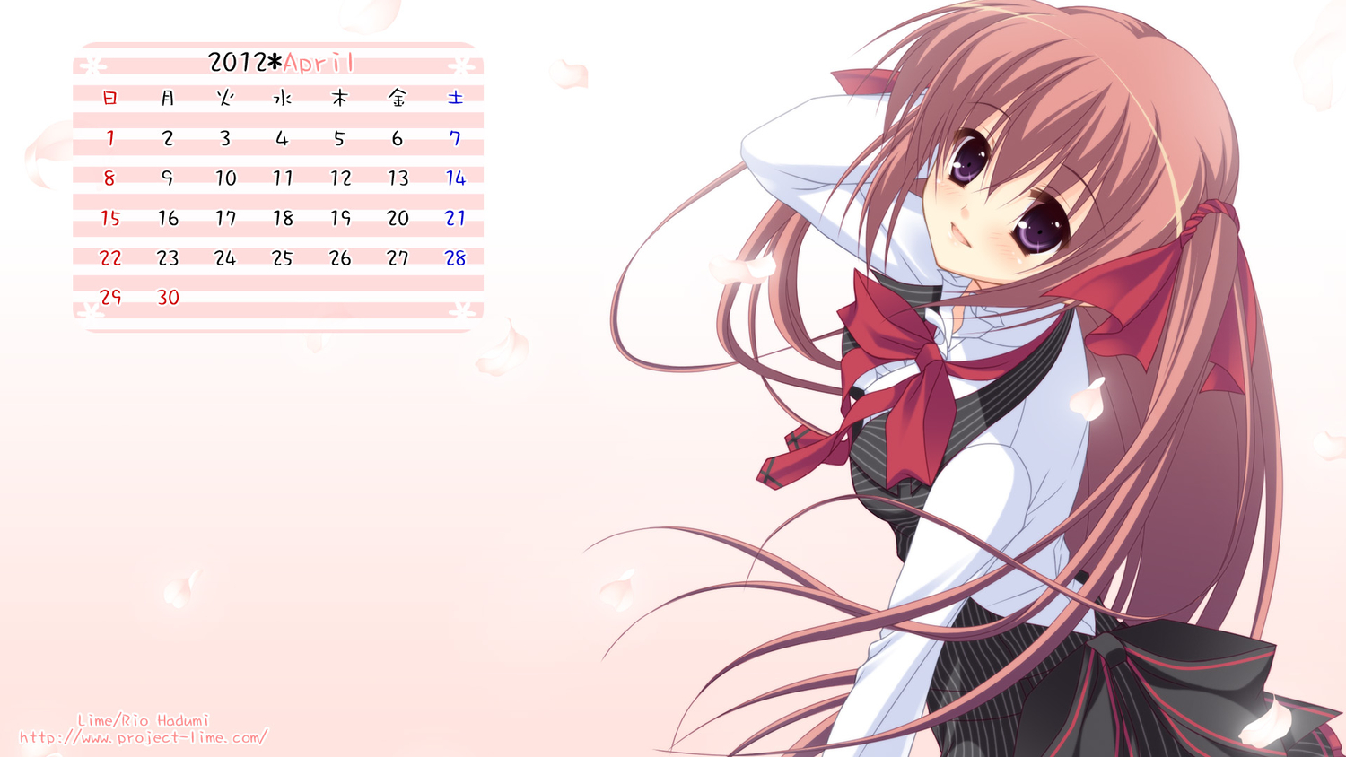 brown_hair, calendar, hazumi_rio, lime_(company), long_hair, original, petals, school_uniform