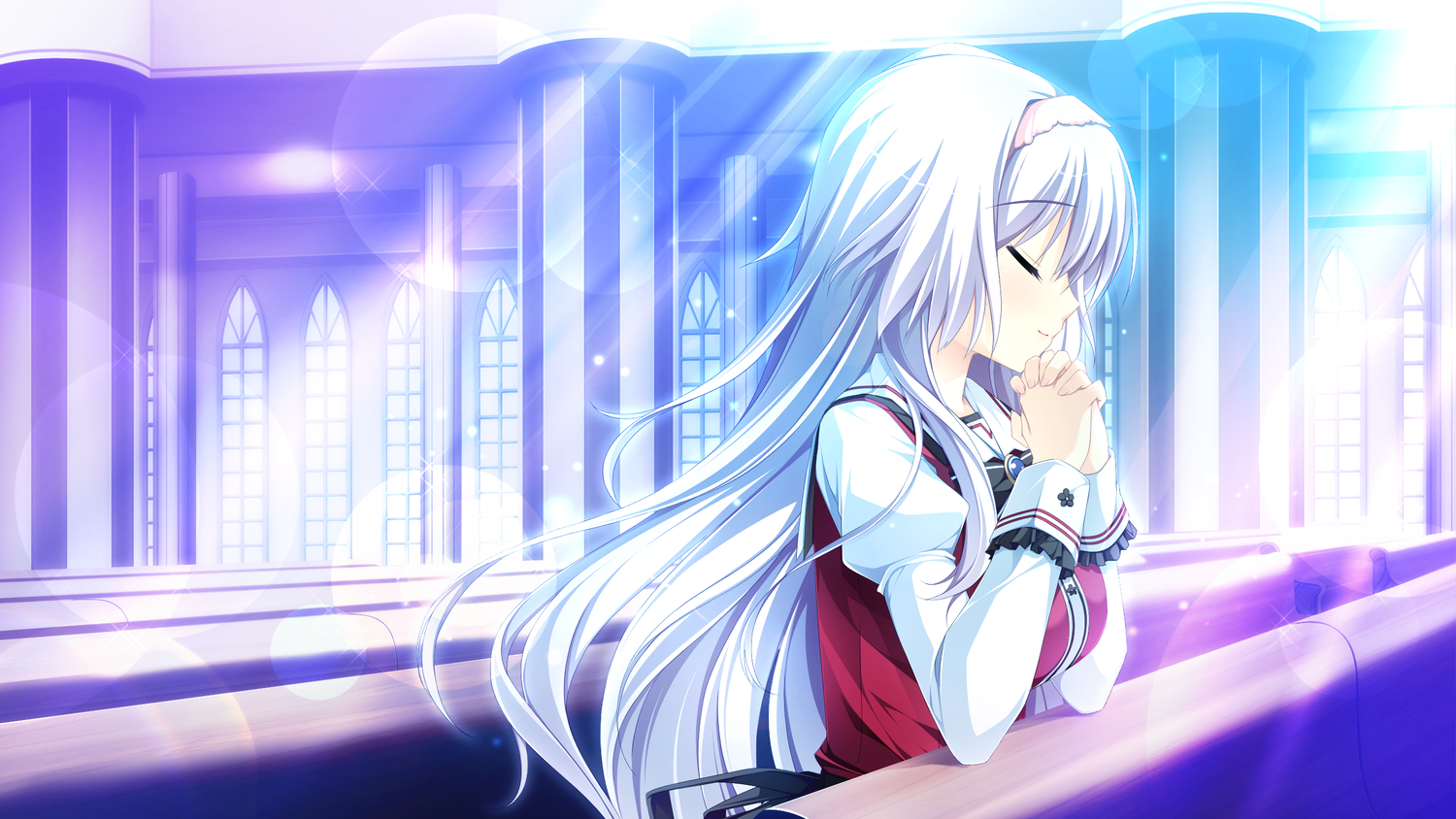 anastasia_alexeyevna_idinarok, building, game_cg, headband, long_hair, mutou_kurihito, otome_ga_tsumugu_koi_no_canvas, school_uniform, white_hair