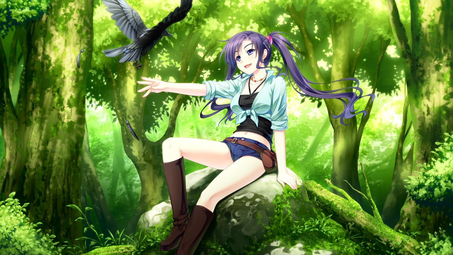 akatsuki-works, animal, bird, boots, forest, game_cg, long_hair, necklace, ponytail, renjou_yae, saeki_hokuto, &_sora_no_mukou_de_sakimasu_you_ni, tree