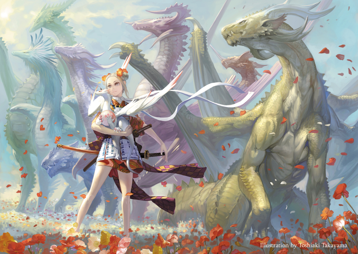 animal, blonde_hair, dragon, flowers, japanese_clothes, katana, original, petals
