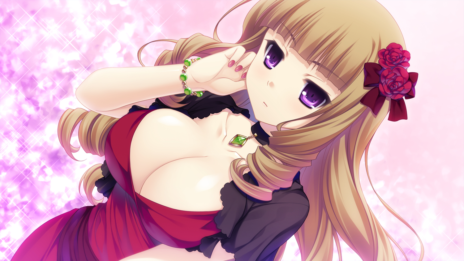 akatsuki-works, breasts, cleavage, game_cg, honoue_maki, purple_eyes, saeki_hokuto, &_sora_no_mukou_de_sakimasu_you_ni